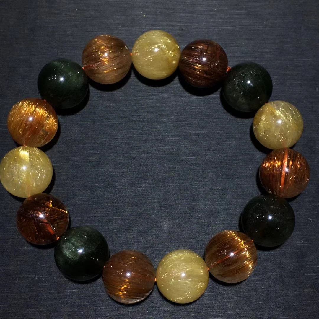 

Natural Gold Copper Rutilated Quartz Clear Round Beads Bracelet 14.3mm Cat Eye Women Men Wealthy Colorful Rutilated AAAAAA