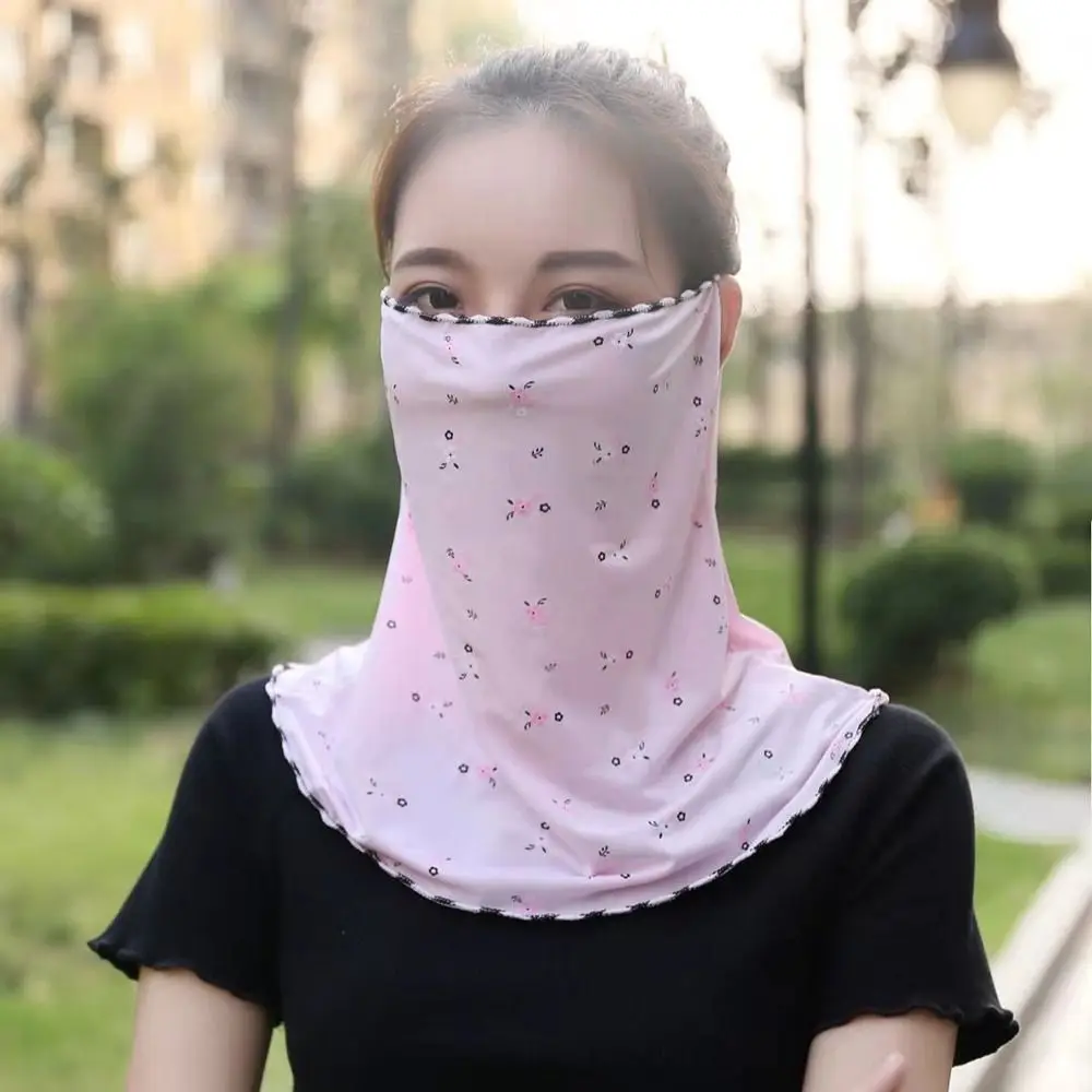 Floral Sunscreen Veil Outdoor Face Shield Ice Silk Face Gini Mask Summer Sunscreen Mask Womne Neckline Mask Driving Face Mask