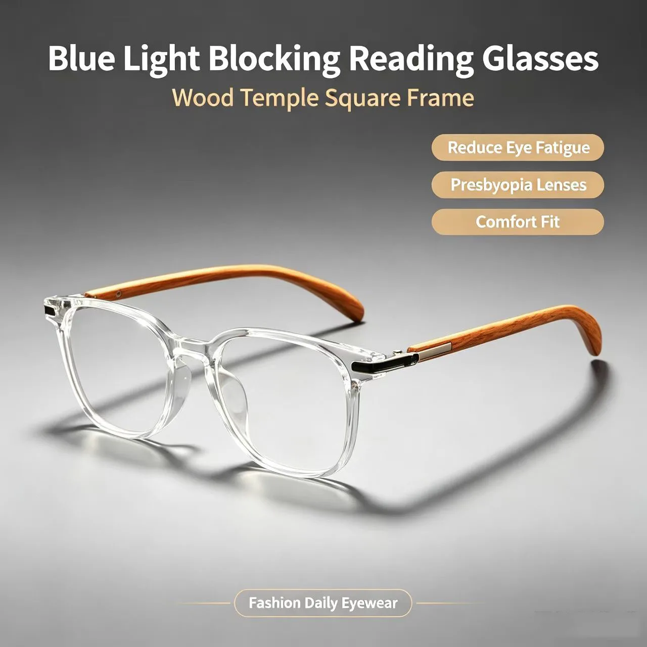 Modische Eckige Anti-Blaulicht-Lesebrille mit Retro-Holzgesteinen zur Reduzierung von Augenermüdung, Presbyopie-Brille für Computerarbeit und Lesen