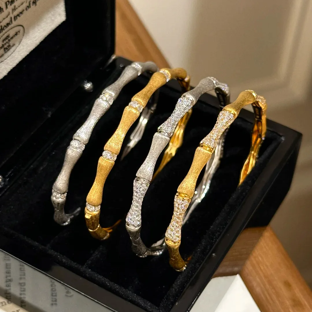

Italian Retro Court Style Brushed 925 Silver Bamboo Bracelet, Light Luxury Bamboo Ring With Full Diamond Earrings For Women