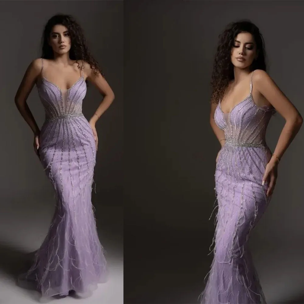 Vestidos de Noche clásicos para mujer, vestido sin mangas con tirantes finos y escote en forma de corazón, vestido largo hasta el suelo con plumas y lentejuelas personalizado