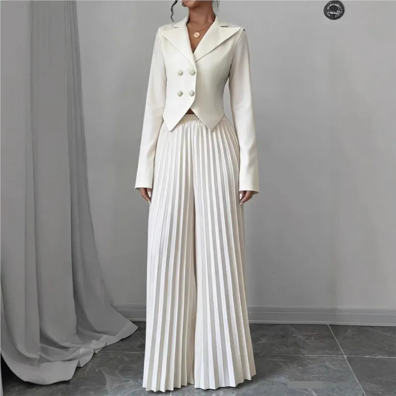 

2025 Autumn Women's Long Sleeve Blazer & Pleated Wide Leg Pants Set Button Coat High-Waisted Trousers Formal 2-Piece For Office