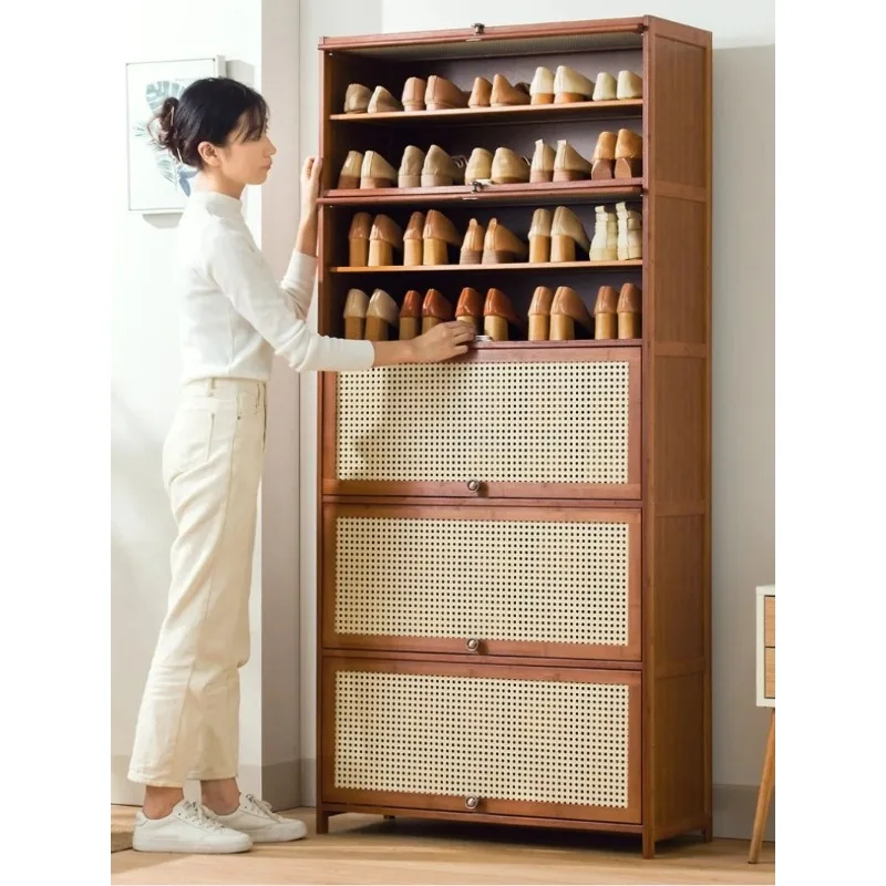 Retro style multi-layer shoe cabinet, rattan decorative door large storage cabinet, living room light luxury storage cabinet