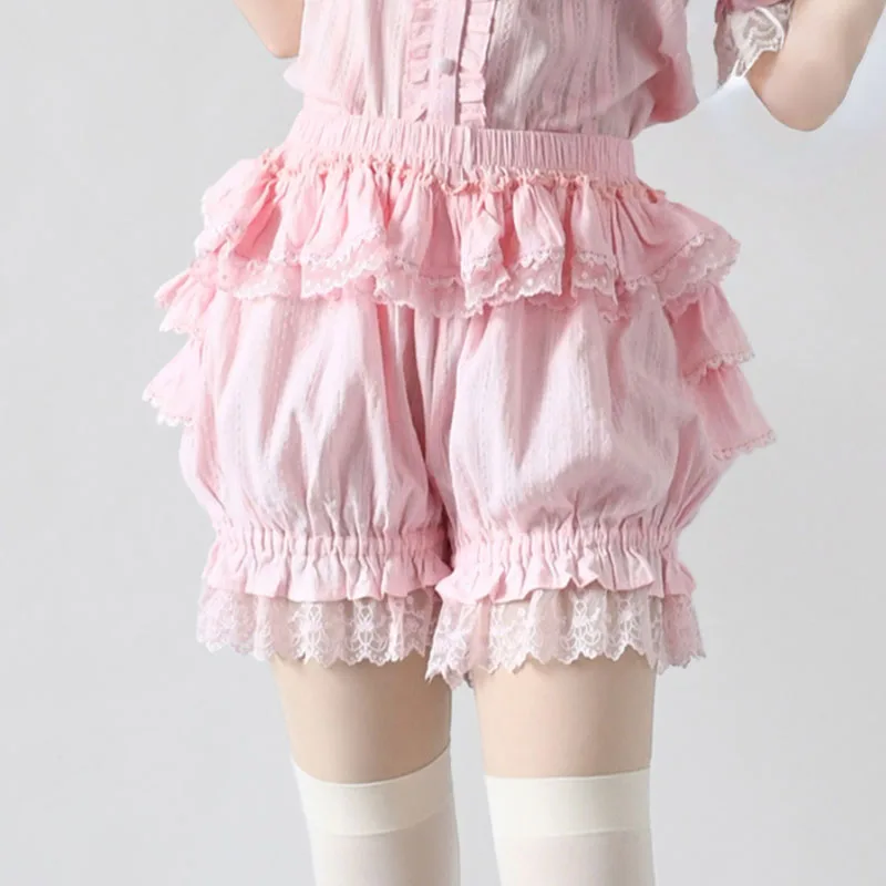 Sweet Lace Ruffles Lolita Safety Shorts Pants Women Pink Cotton Tiered Knickers Kawaii Pumpkin Panties Vintage Victorian Bloomer