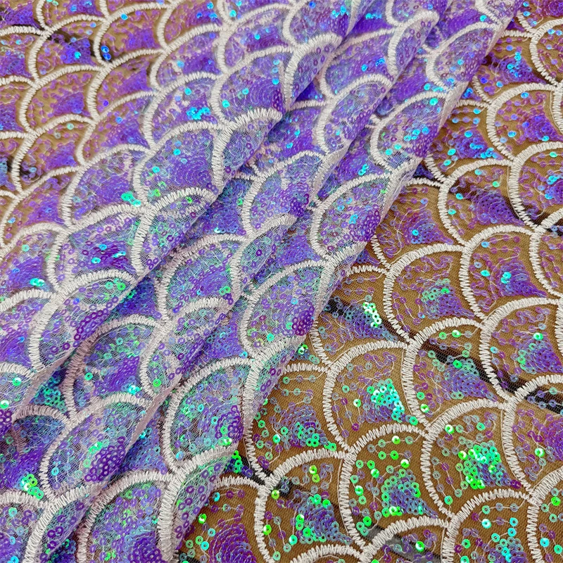 Dream Mermaid Sequin Mesh Fabric Creative Scales Fan-shaped Shell Embroidery Designer Fabric DIY Stage Costume and Fashion Dress