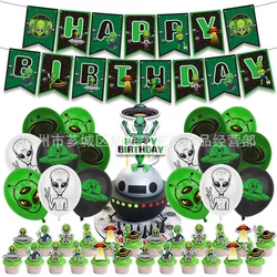 56Pcs Alien Birthday Party Decoration Kit Alien UFO Themed Happy Birthday Banner Balloons Cupcake & Cake Toppers Kids Birthday