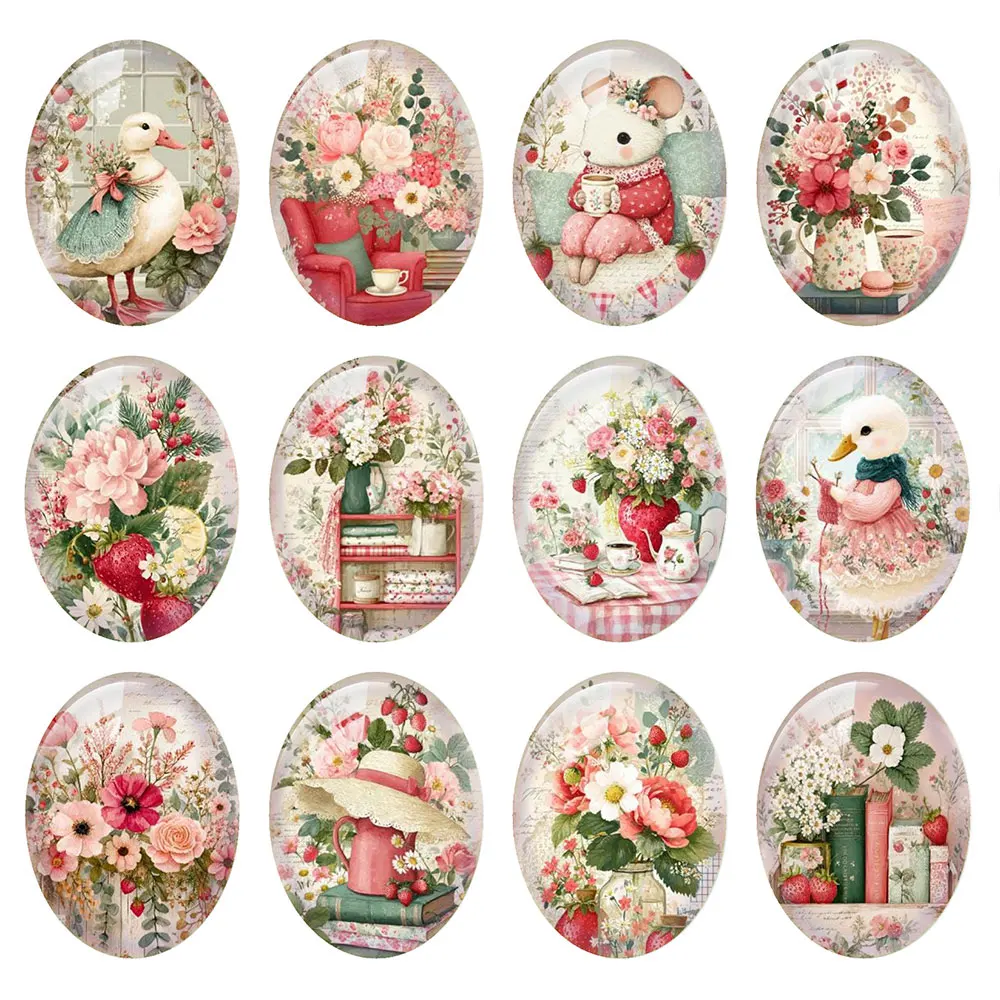 Random Mixed Round/Oval/Square Strawberry Animal Flower Mouse Photo Glass Cabochon Flatback Demo Cameo For Diy Jewelry Making