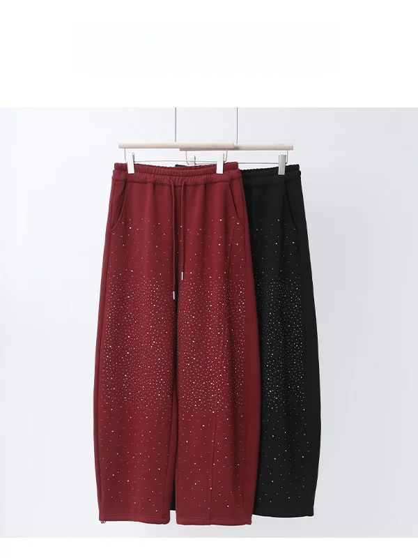 

plus Size Women's Thickened Fleece Diamond Casual Pants Loose Winter High Waist Straight Leg Cotton Blend Ladies Trousers