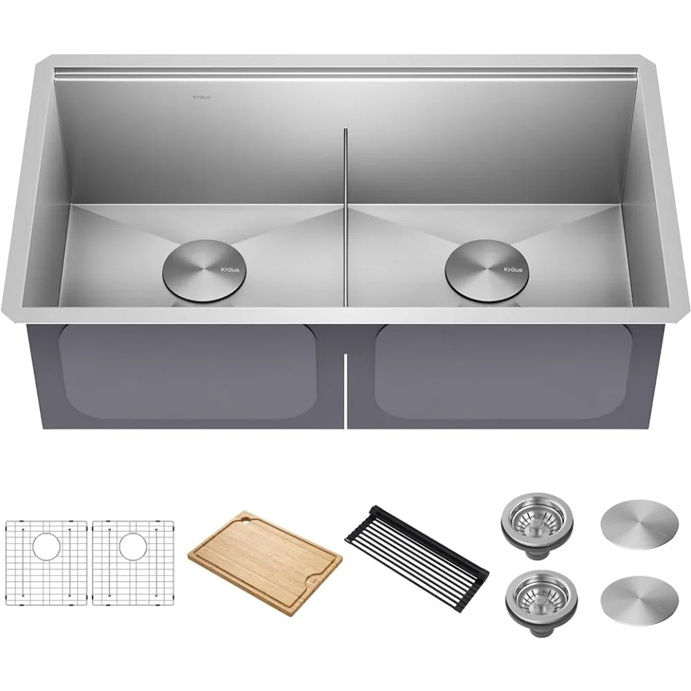 Faucet Sink 33-inch Undermount 16 Gauge Double Bowl Stainless Steel Kitchen Sink With Integrated Ledge and Accessories Utensils