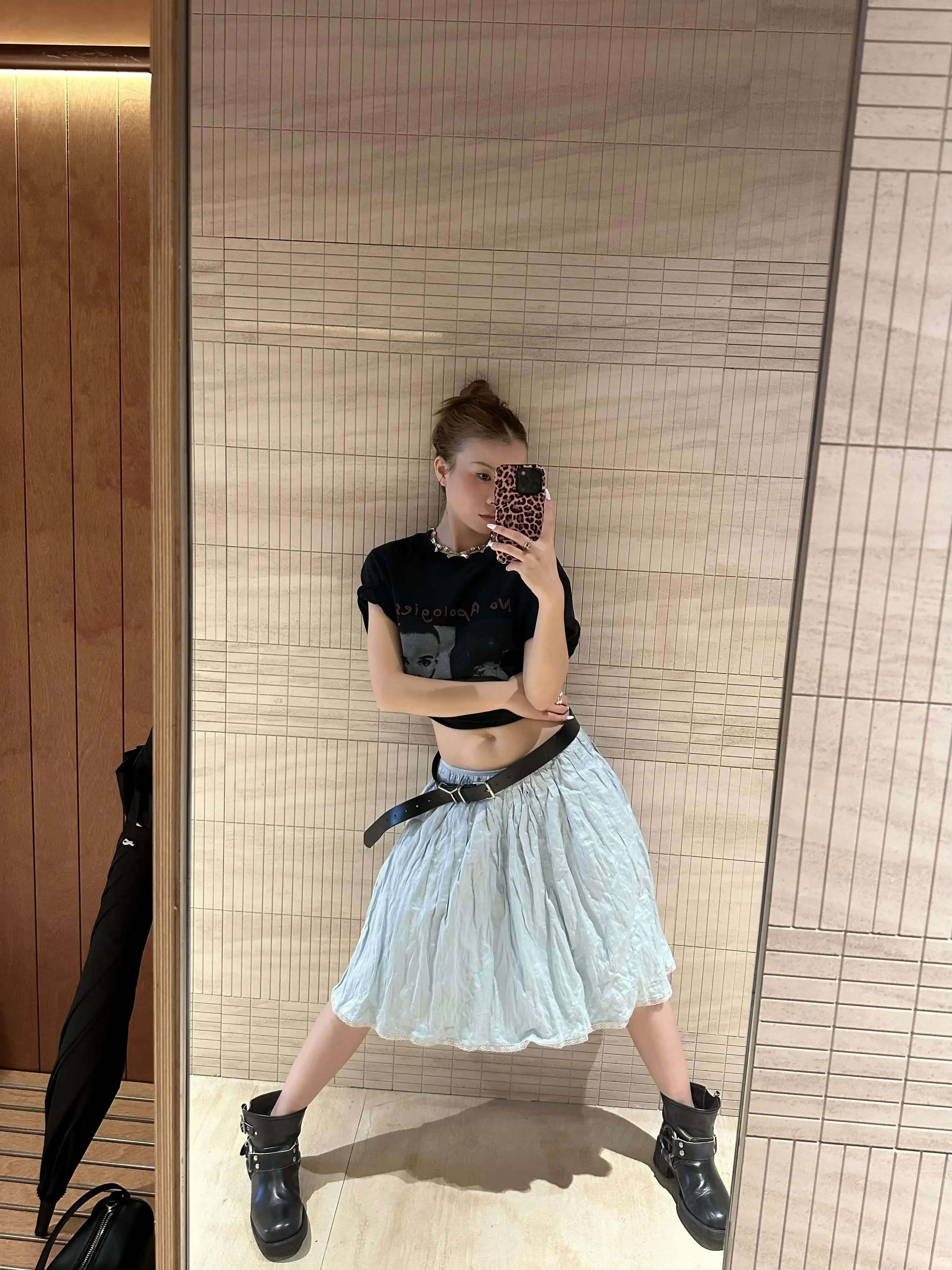 American Retro Free Shape Pleated  Skirt Women Spring Summer Blue Knee Length Lace Splice Low Waist Beautiful Umbrella Skirt