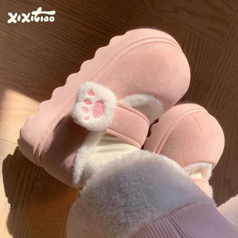 

Cute Kitty Casual Cotton Slippers Woman Height-increasing Thick-soled Lazy People Wear Warm Velcro Cotton Shoes in Winter