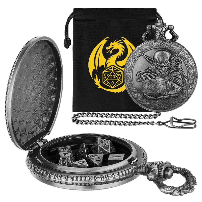 

Bronze Goblin Holding D20 Dice Pocket Watch Case with 7pcs Metal Small Size Polyhedral Dice Set Tabletop Board Game Accessory