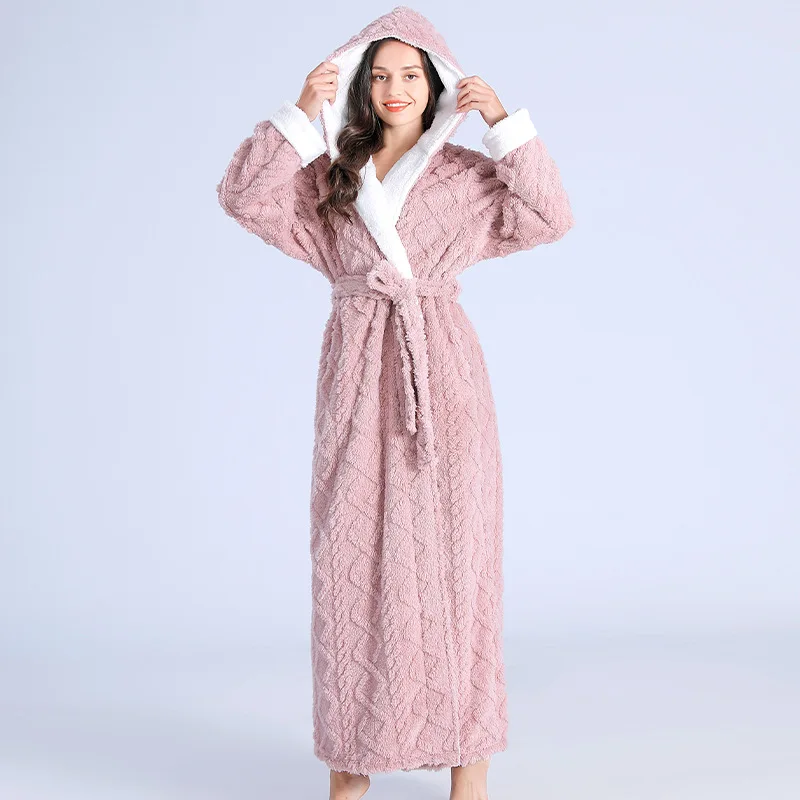 Thick Women Warm Bathrobe Solid Hooded Warm Ladies Dressing Gown Long Sleeve Fleece Pockets Flannel Bath Robe For Female