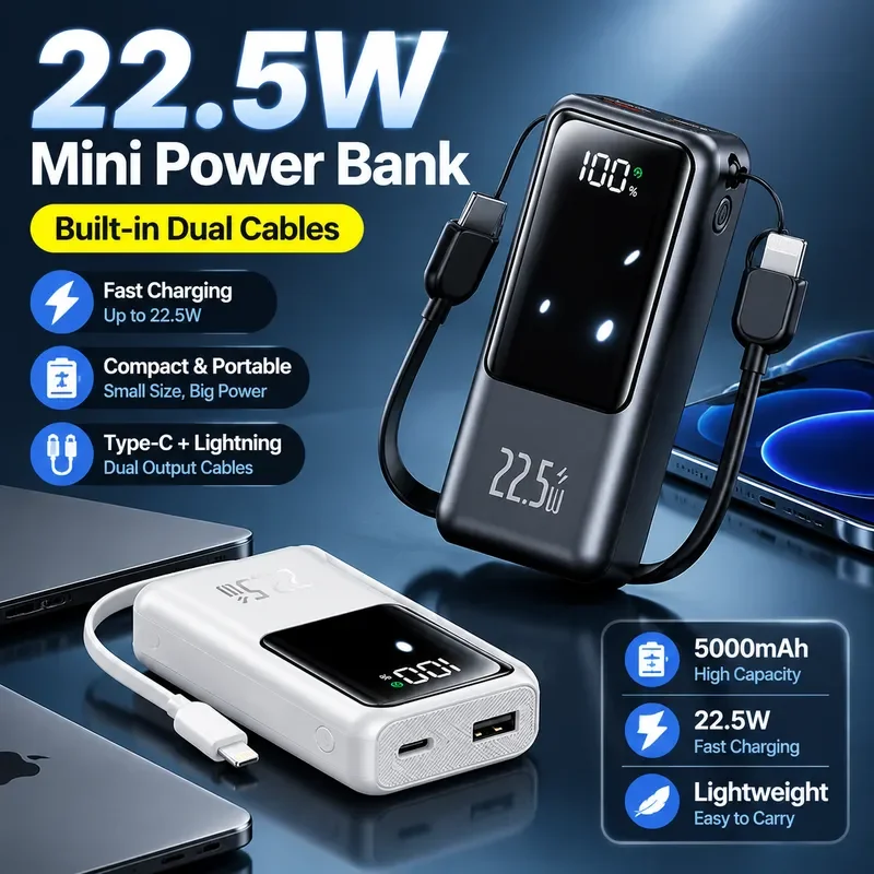 for Cross-border New Mini Power Bank Digital Display Compact Portable 22.5W Fast Charging