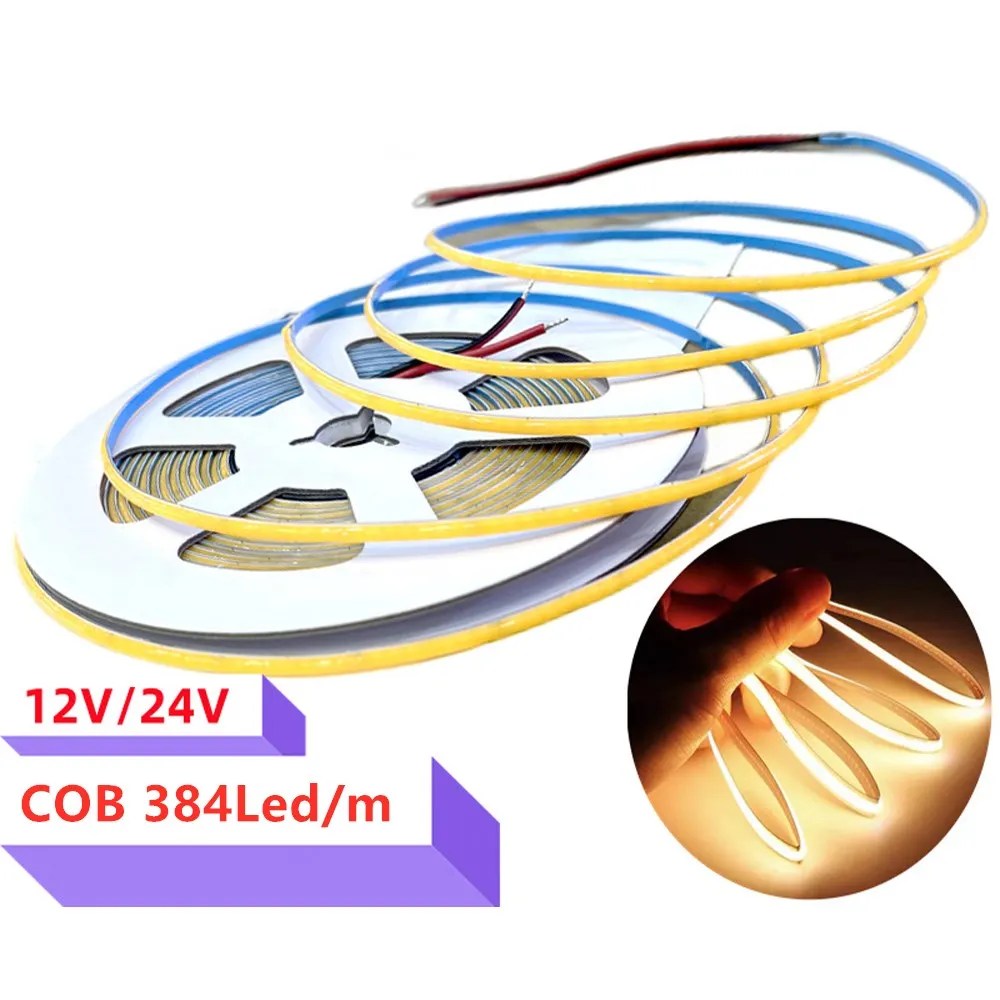 COB LED Strip Light 12V 24V 384Led/m 3mm Ultra Super Thin 0.5m - 5m Flexible 12 24 V Volt LED Strip Tape For Room Decor Lamp