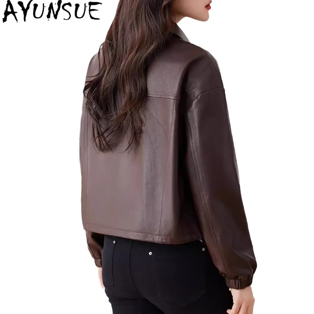 AYUNSUE 本革ジャケット女性のための 2025 黒リアルシープスキンレディースバイクジャケット春秋服ルーズフィット