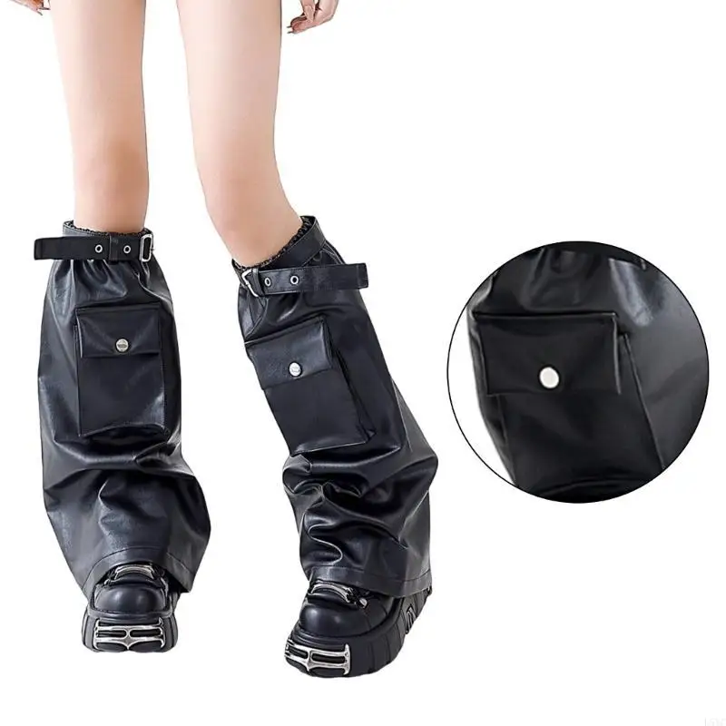 L5YC Black Leg Warmers with Flap Pocket for Women Punk Eyelet Strap Harajuku Faux Leather Boot Covers Long Socks Streetwear