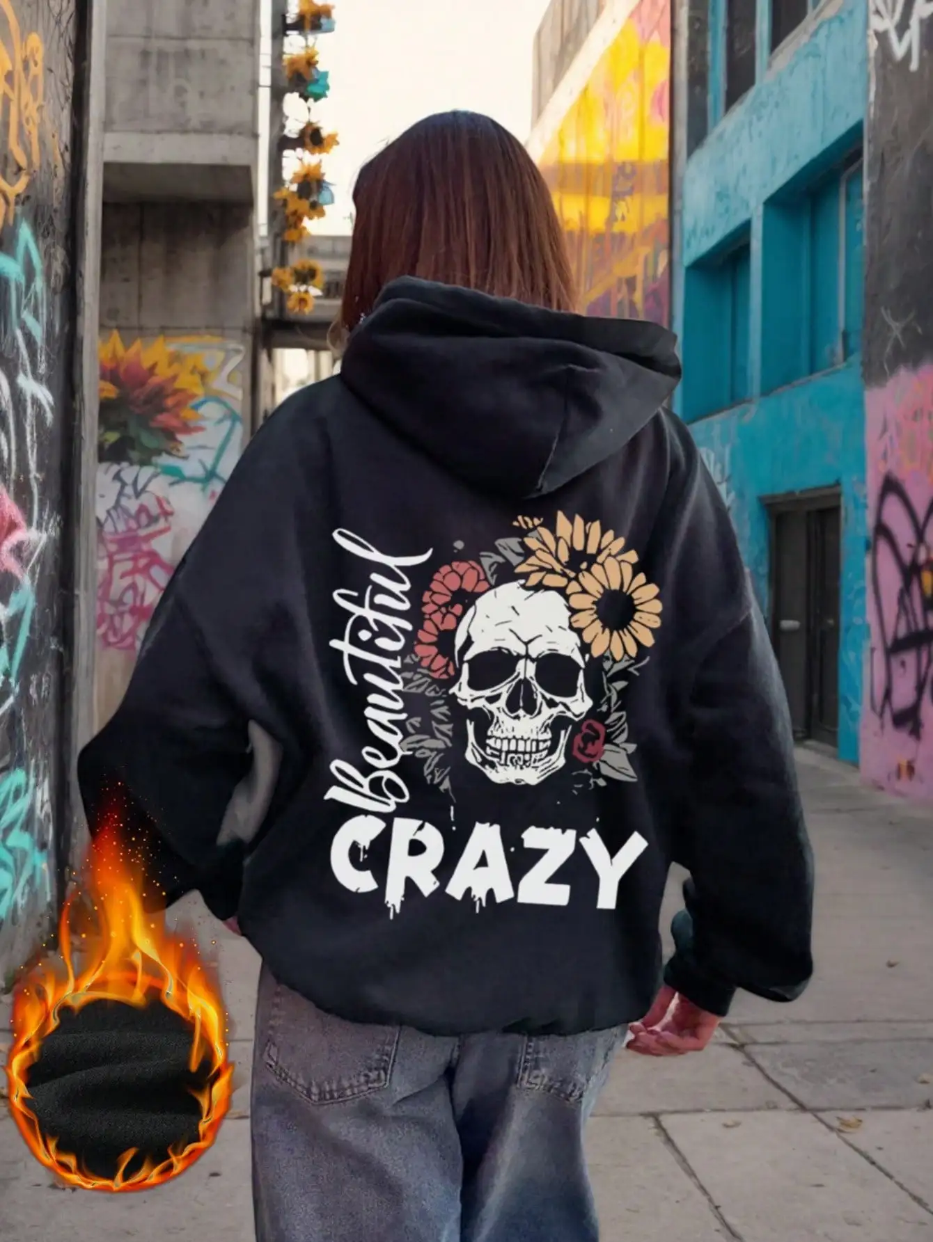 

Women's Black Hoodie with Skull & Floral Print, Loose Fit, Warm Fleece Lined for Autumn Winter