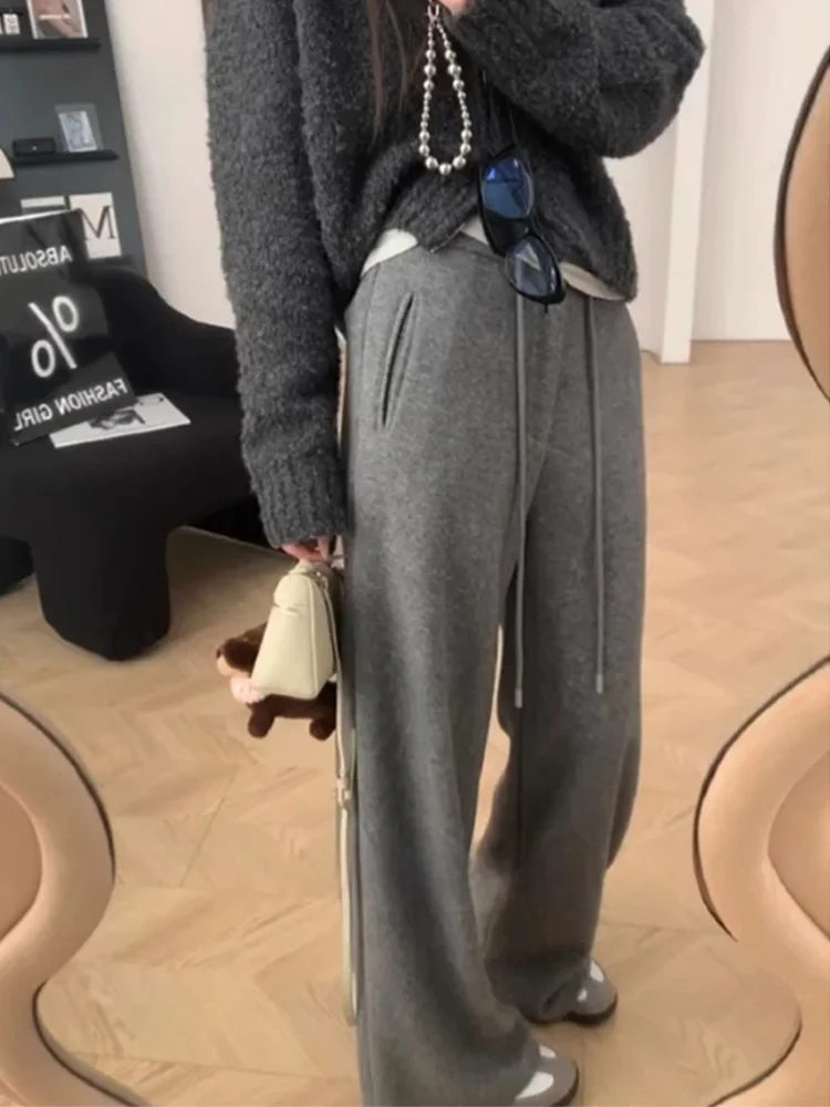 

Утепленные шерстяные повседневные брюки для женщин, новинка осени-зимы 2024, свободные прямые брюки с широкими штанинами на шнурке