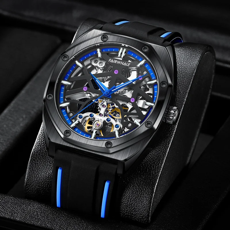 MARK FAIRWHALE Modische 3D-Skelett-Zifferblatt Herren-Mechanikuhren Wasserdicht Leuchtend Silikonarmband Luxusuhr