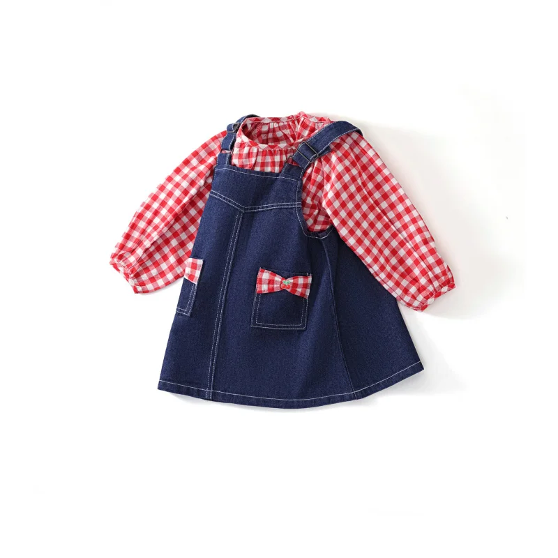 

Girls Plaid Denim Suspender Skirt Suit Spring and Autumn Style2025New style children's bow dress