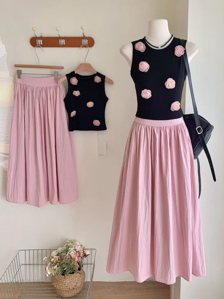 New Korean Sweet 2 Piece Set Women 3D Flowers Sleeveless Top + High Waist Pleated Long Skirt Two-piece Outfits Conjuntos Cortos