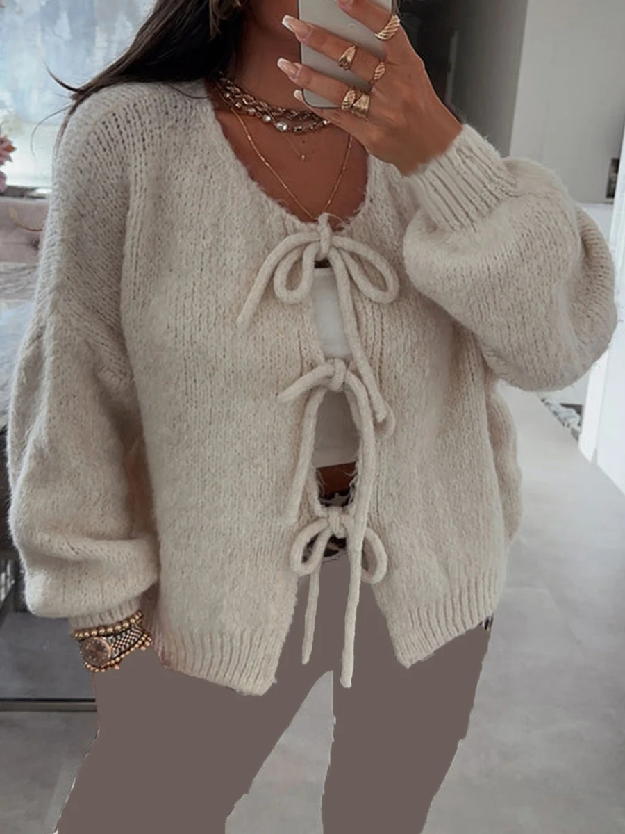 Fashion Knitted Bow Lace Up Cardigan Women Sweater Y2k Open Front Sweet Knitted Cardigan Lantern Sleeve Oversized Cardigan