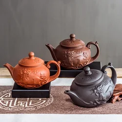 Large Capacity Yixing Purple Clay Tea Pot Hand-carved and Painted Lotus Teapot Household Tea Infuser Retro Tea Set 400cc
