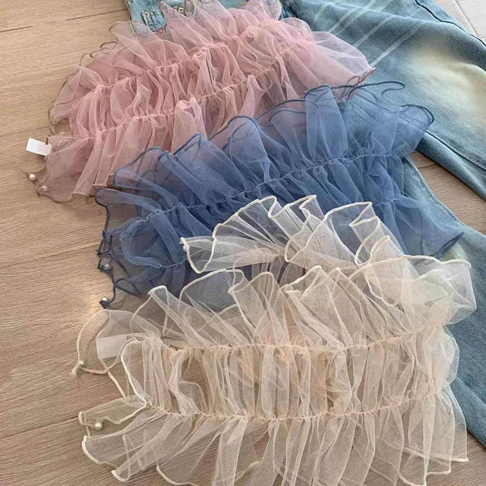 

New Mesh Lace Mini Skirt Ruffles Y2K Streetwear Ruched Skirts Harajuku See Through Waist Pleated Skirts Jeans Decoration