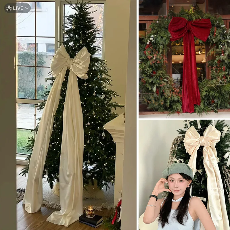 

Christmas tree hanging trailing bow, holiday net red bow clock in ornament window decoration photo props