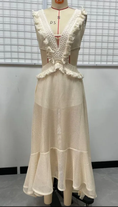 Verão feminino wear nova moda oco renda borla emenda malha sem mangas vestido estilo elegante