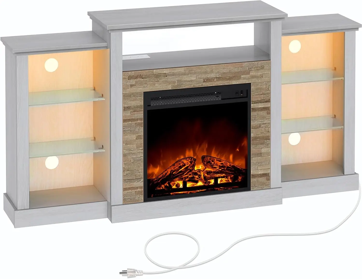 Fireplace TV Stand with LED Lights and Power Outlets, Entertainment Center with Adjustable Glass Shelves, Ivory White