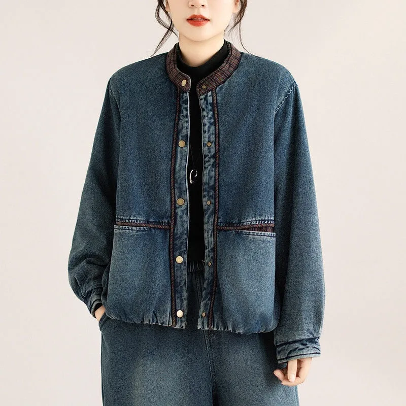 Women Fashion Vintage Denim Padded Jacket Loose Stand Collar Thickened Cotton Coat Long Sleeve Classic Punk Warm Jean Outerwear