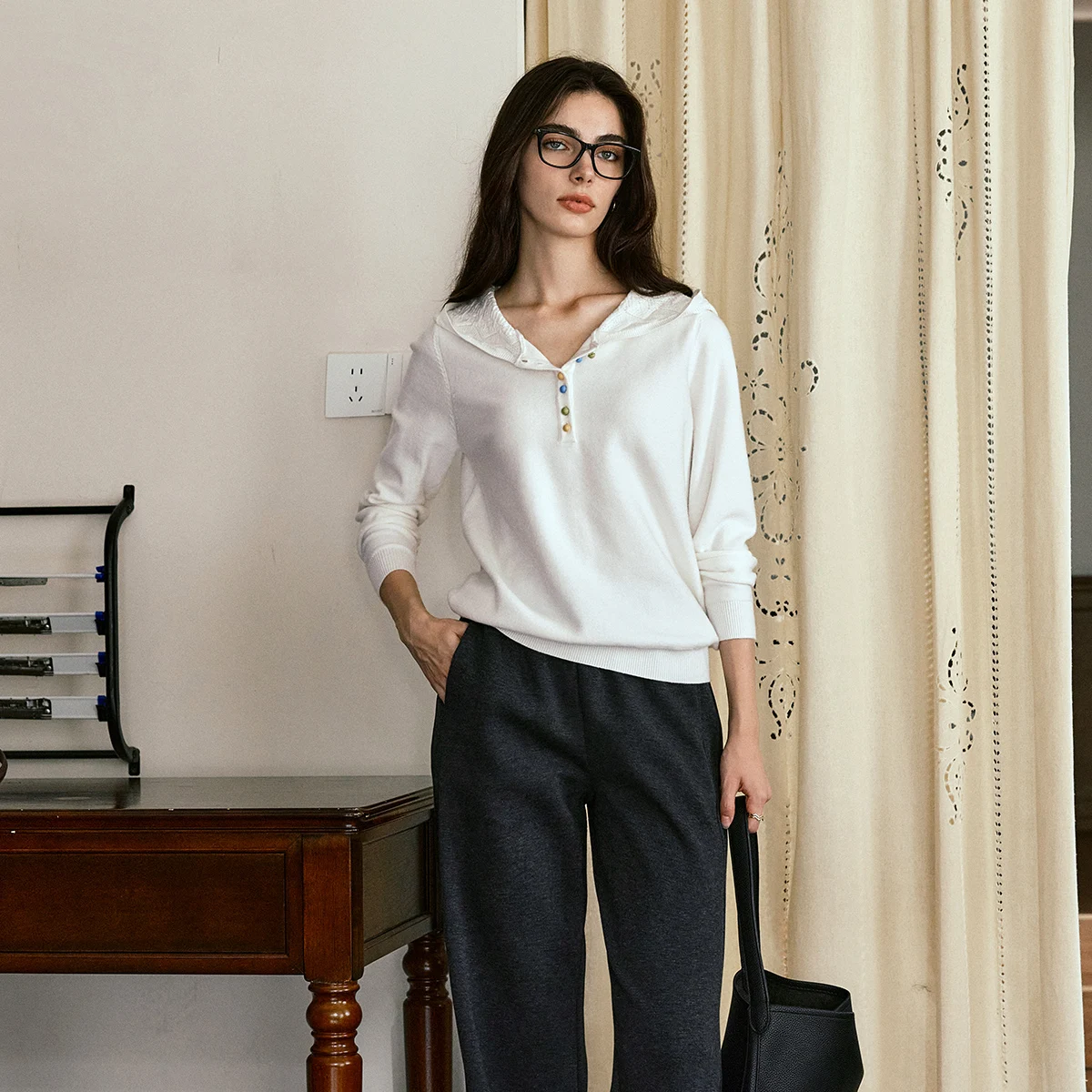 

OLrain French Hooded Sweaters Women 2025 Autumn Solid Knitted Long Sleeve Pullovers Ladies Clothes Female Clothing O57QZ000196