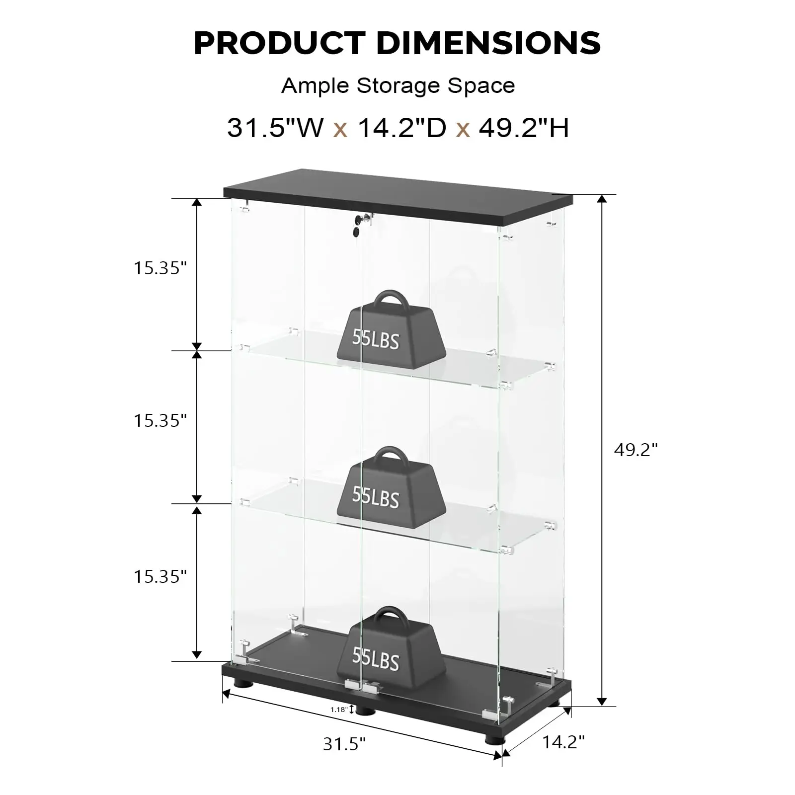 Glass Display Cabinet with 3 Shelves, Double Doors and Lock, Floor Standing Curio Cabinets with LED Light, Upgraded