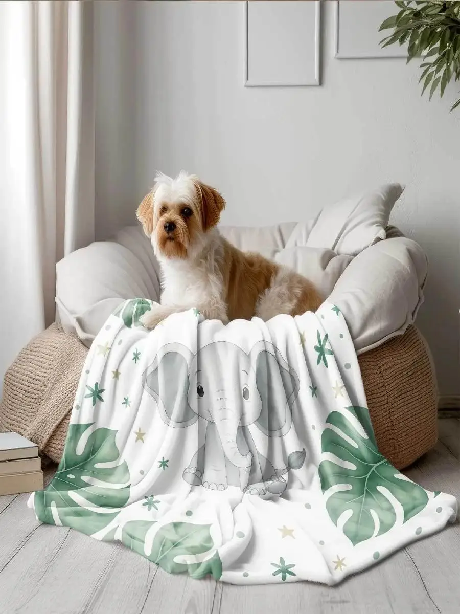 Cute Elephant Leaf Blanket Soft Fleece Throw for Nursery Living Room Couch Bed Cozy Gift Kids Home Decor