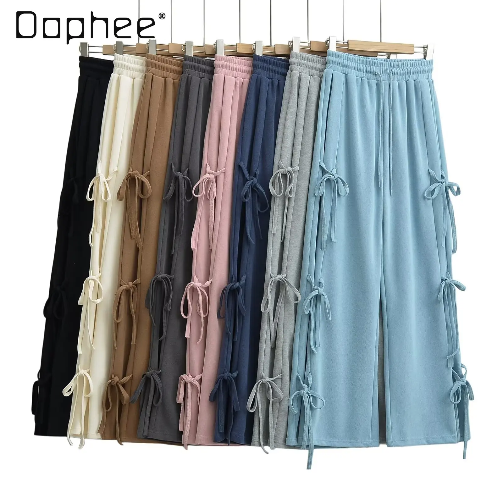 

Multi Color Women Sweatpants Bow Lace-up Korean Style Straight Wide Leg Loose Long Pants Trousers Solid Female Fashion