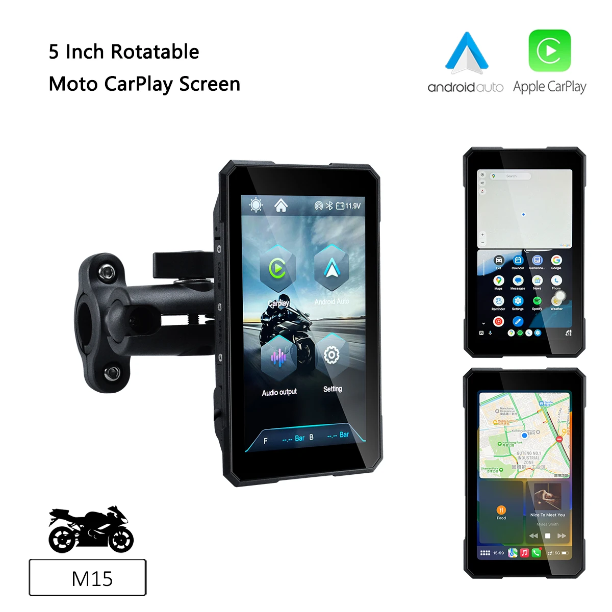 

Maxca Мотоцикл Вращающийся Беспроводной CarPlay Android Auto Навигатор 5-дюймовый Сенсорный Экран IPX7 Водонепроницаемый USB C Мощность Легко Снимается