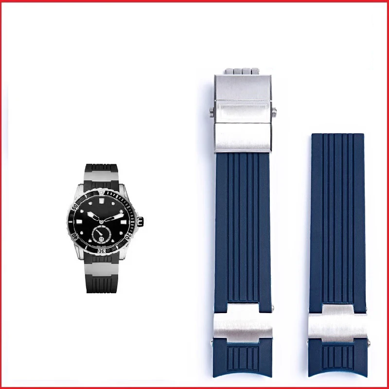 سوار ساعة سيليكون مطاطي ذو نهاية منحنية ، 22 ، أسود ، أزرق ، حزام مقاوم للماء ، سوار ، حزام غواص ، الأشعة فوق البنفسجية