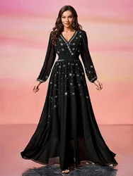 TOLEEN 2024 Women's V-Neck Solid Color Luxury Elegant Bubble Pearl Embellished Minimalist Casual Formal Long Sleeve Maxi Dresses