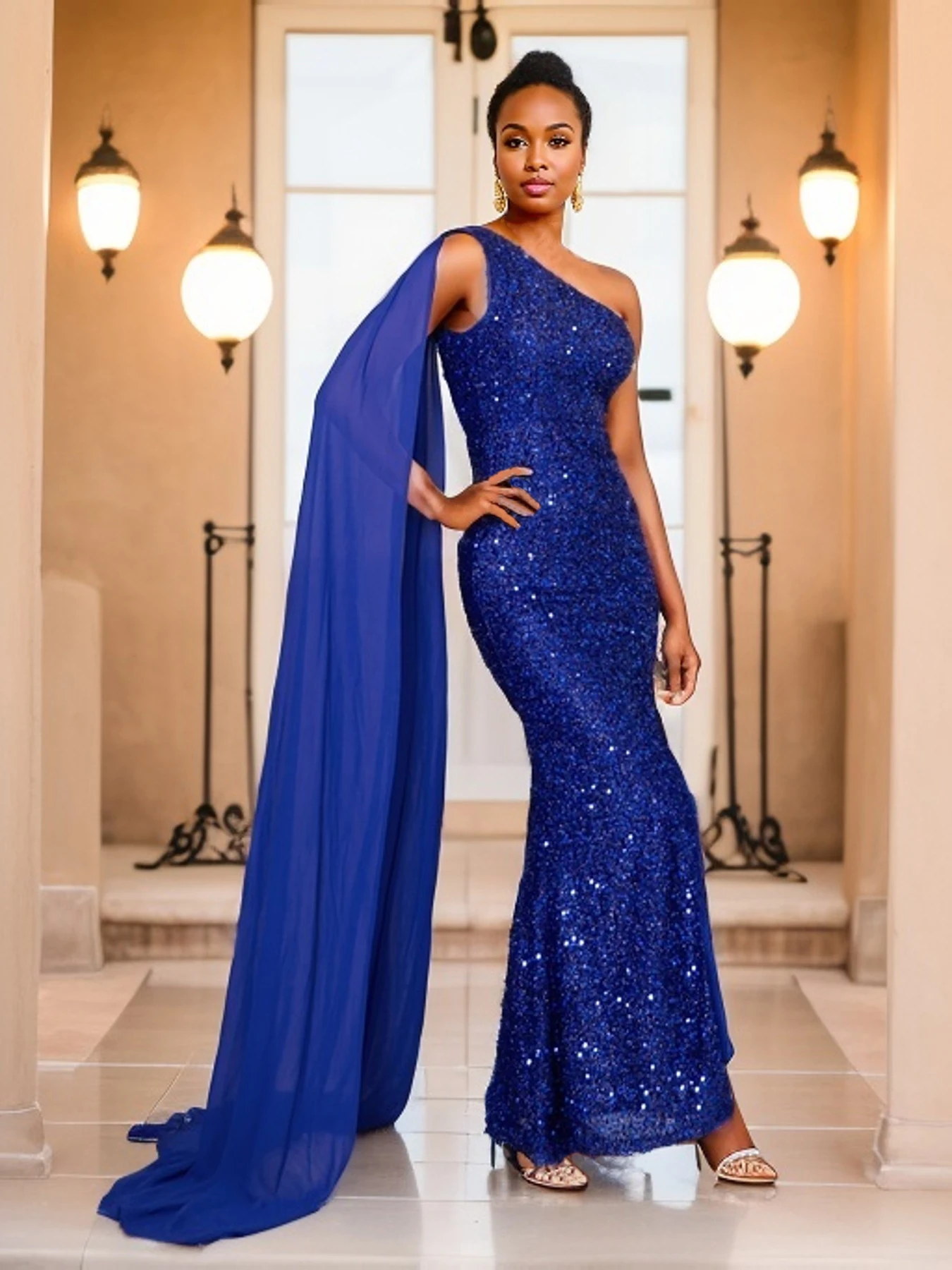 Una spalla Chiffon lungo nastro senza maniche abito da festa di nozze fessura paillettes blu elegante donna abiti da sera da sera Summer Club