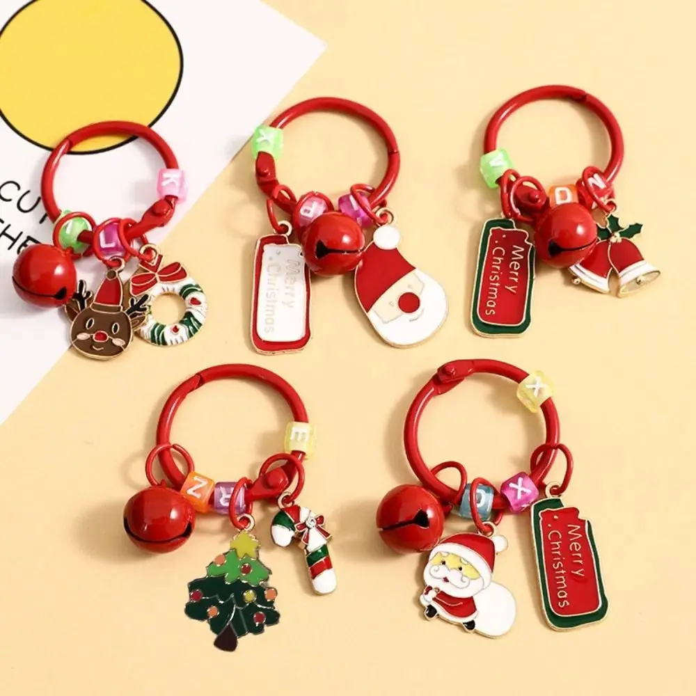 Cute Cartoon Christmas Tag Pendant Xmas with Bell Sants Claus Keychain Creative Christmas Wreath Deer Key Ring Boys
