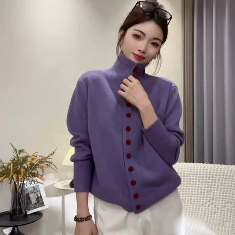 الياقة المدورة المرأة سترة 2026 جديد ربيع الخريف عالية الرقبة محبوك سترة شيك واحدة الصدر تريكو سترة سترة