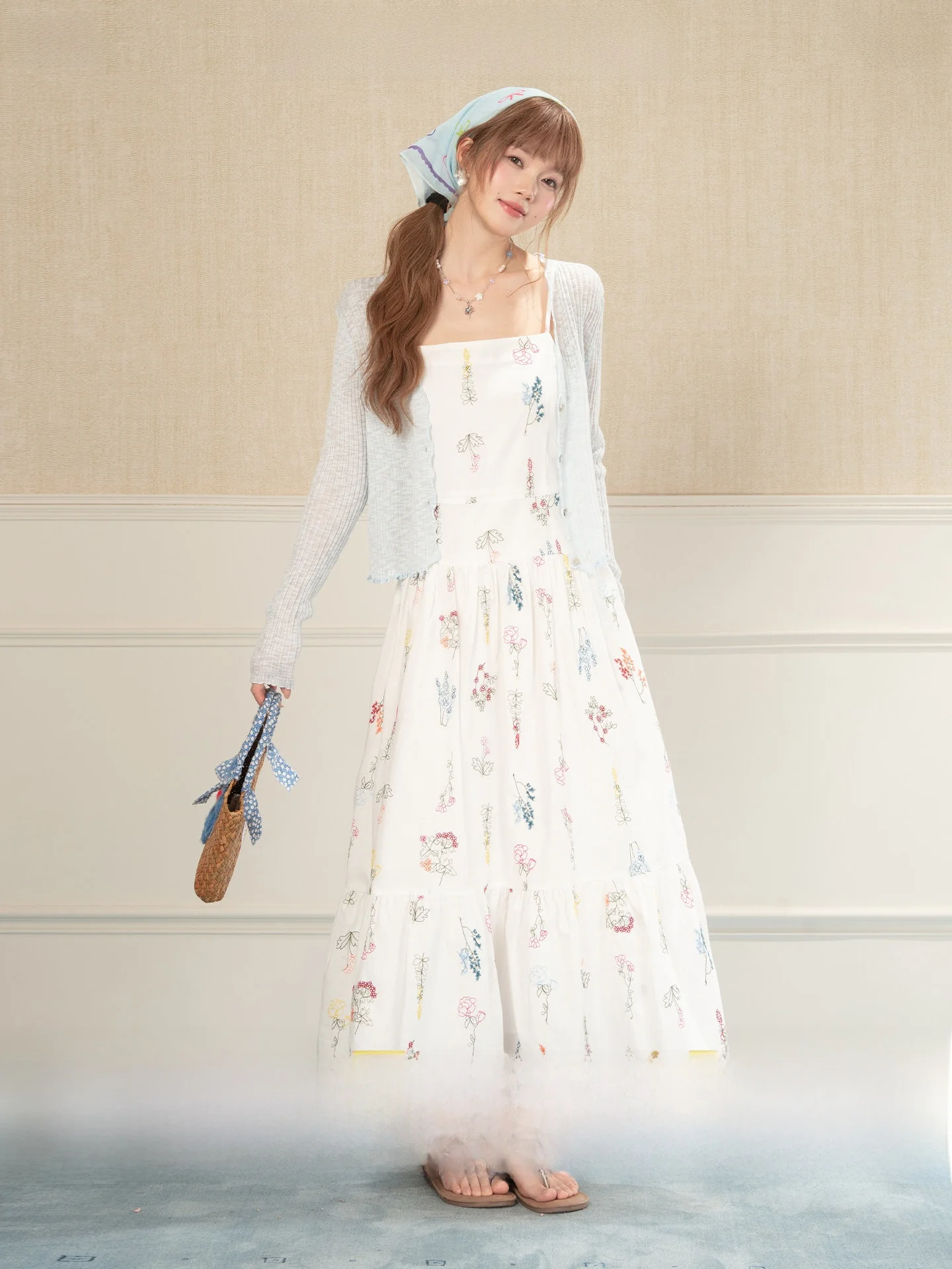 

Sweet Floral Print Two-Piece Set Women's Spring Summer Casual Style Long Sleeve Dress And Cardigan Travel Outfit Lovely Look