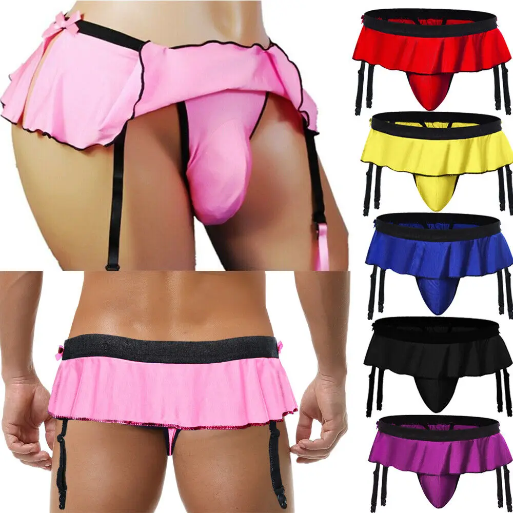 Men\'s Sexy Ruffled Skirt Underwear With Garter Belt Male Bulge Pouch Thongs G-strings Gay Sissy Panties Erotic Bikini Underpants