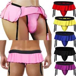 Men's Sexy Ruffled Skirt Underwear With Garter Belt Male Bulge Pouch Thongs G-strings Gay Sissy Panties Erotic Bikini Underpants