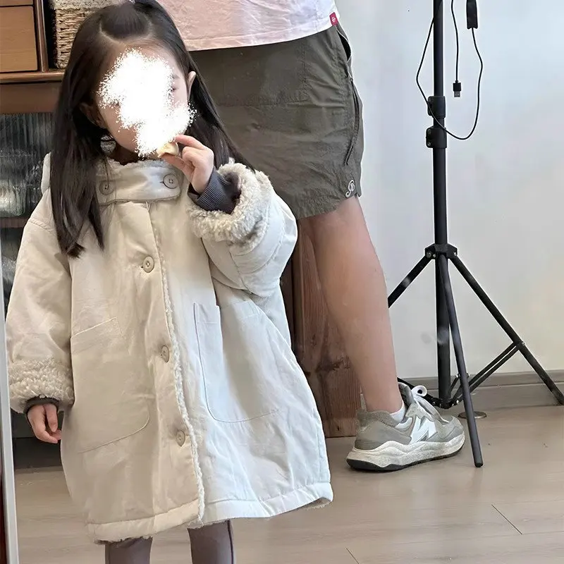 Children\'s Coats Boys\' and Girls\' Coats Super Thick Lamb Wool Double-sided Long Coat Tops Winter Clothes Kids Jacket