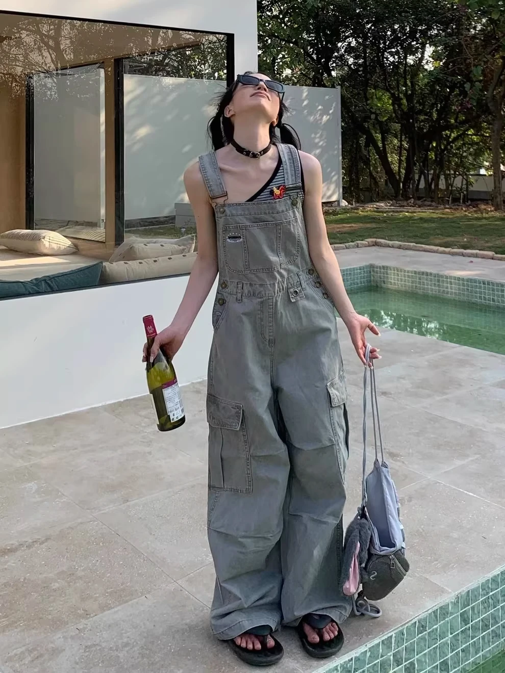 

Casual Wide Leg Denim Overalls Women's Spring Summer New Style Small Design Loose Slimming Jeans Cotton Elastic Denim Fabric