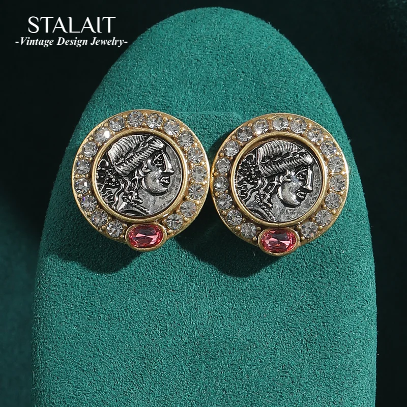 

Vintage Jewelry Antique Pink Crystal Stud Earrings Round Beauty Portrait Coin Ancient Luxury Brand Designer 2025 Trends New