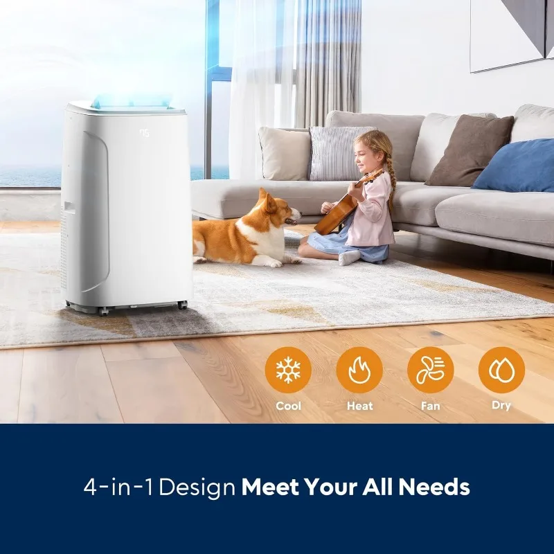 مكيف هواء محمول 14000 وحدة حرارية بريطانية تيار متردد محمول مع تسخين، 4 أوضاع مكيفات هواء للغرفة الكبيرة حتى 650 متر مربع